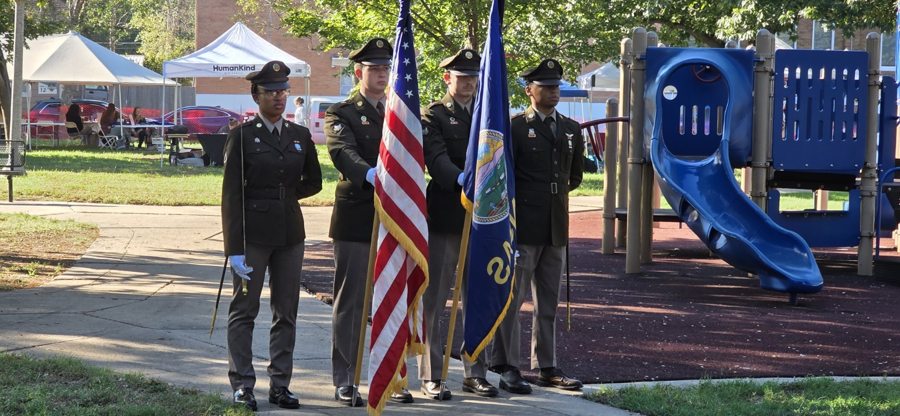 Color guard members beside the playground at the October 9, 2026 Wichita Stand Down.