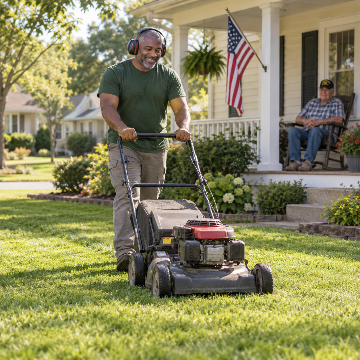 Illustrative image of a volunteer mowing a veteran’s lawn