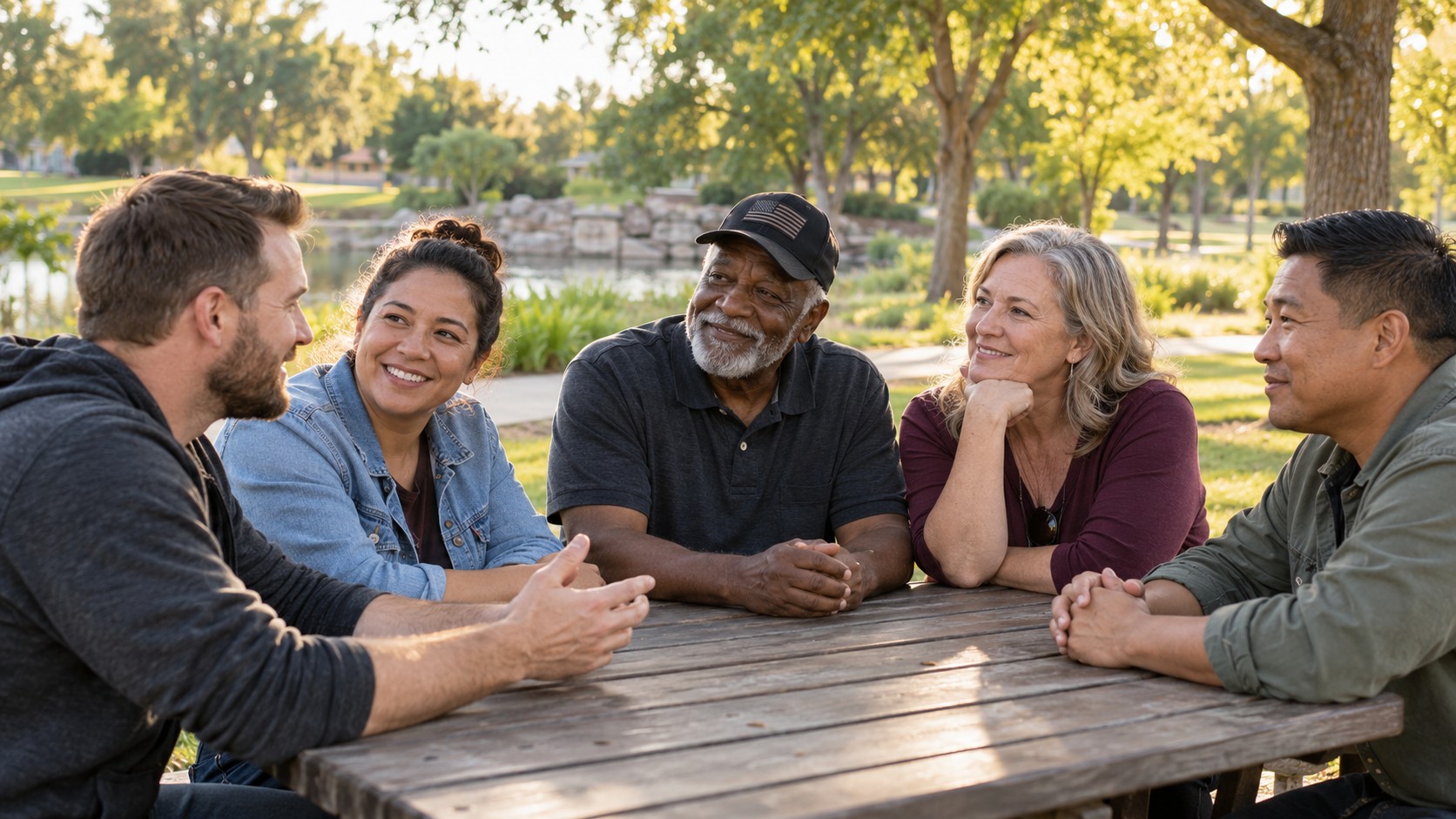 AI-generated illustration of veterans sharing a conversation around a picnic table