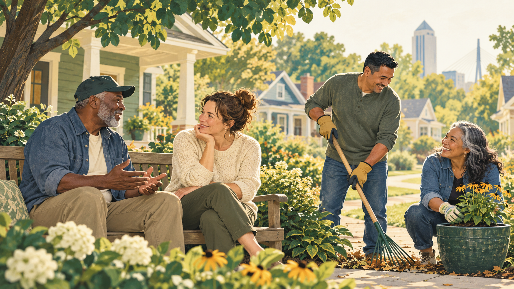 Illustration of neighbors talking on a bench and helping with yard care.