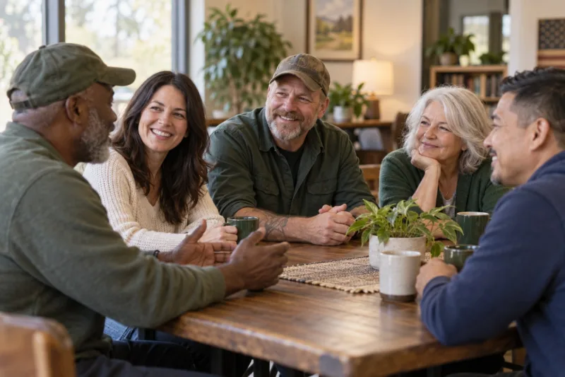 AI-generated illustration of veterans and neighbors sharing a friendly conversation